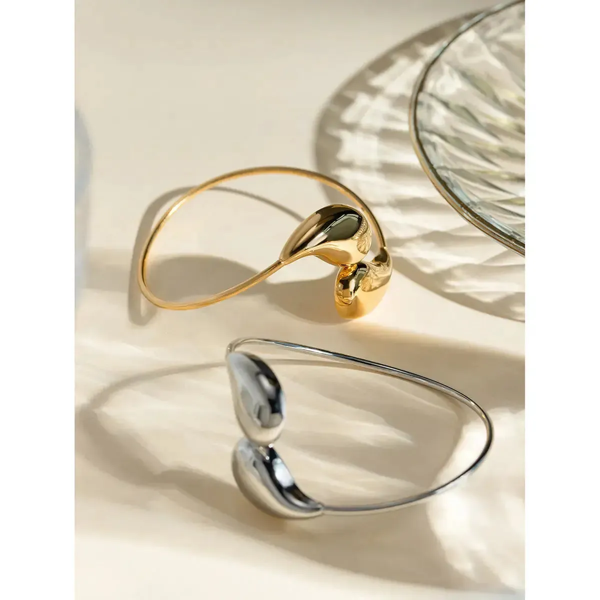 LOVCIA 18K Gold Plated Adjustable Stainless Steel Water Drop Cuff Bracelet - Waterproof & Hypoallergenic Bangle for Women