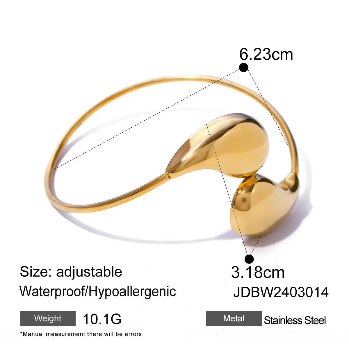 LOVCIA 18K Gold Plated Adjustable Stainless Steel Water Drop Cuff Bracelet - Waterproof & Hypoallergenic Bangle for Women