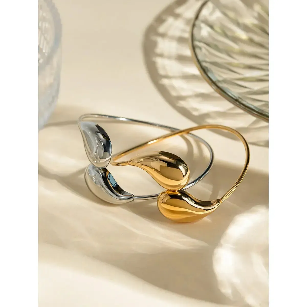 LOVCIA 18K Gold Plated Adjustable Stainless Steel Water Drop Cuff Bracelet - Waterproof & Hypoallergenic Bangle for Women