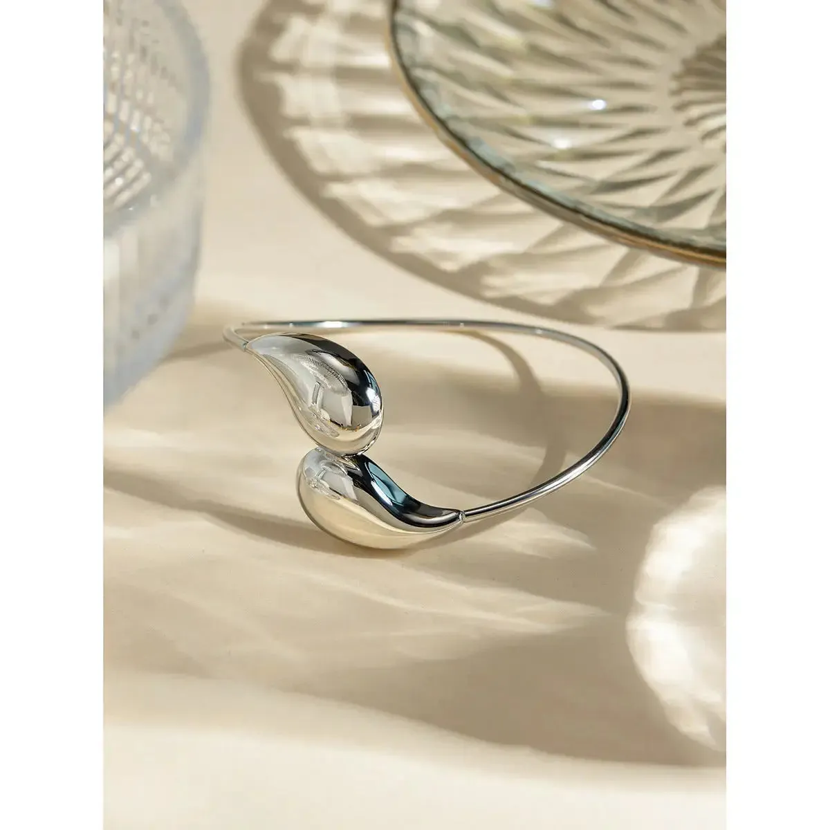 LOVCIA 18K Gold Plated Adjustable Stainless Steel Water Drop Cuff Bracelet - Waterproof & Hypoallergenic Bangle for Women
