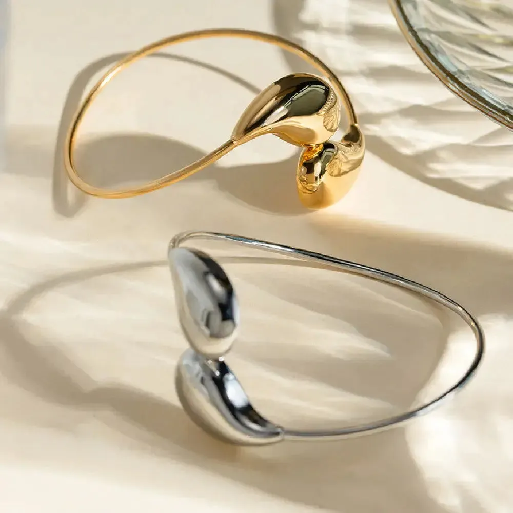 LOVCIA 18K Gold Plated Adjustable Stainless Steel Water Drop Cuff Bracelet - Waterproof & Hypoallergenic Bangle for Women