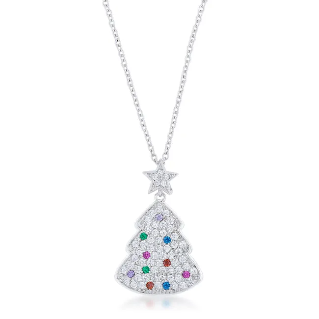 LOVCIA Festive Multicolor Gem Christmas Tree Pendant Necklace