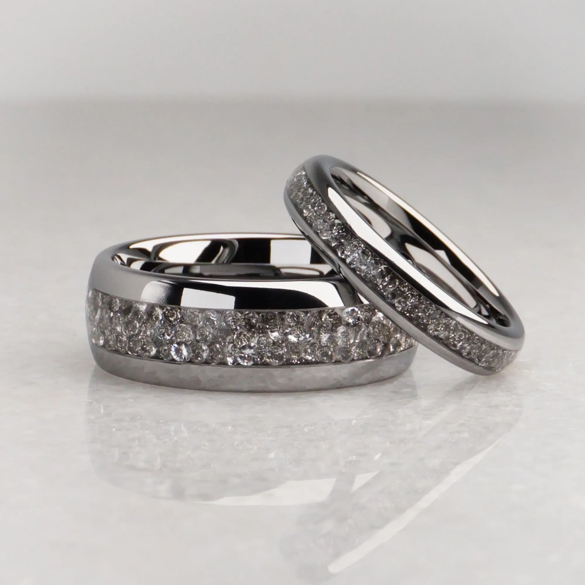 Matching Lab Grown Diamond Wedding bands, 8MM and 4MM Silver Ring Set