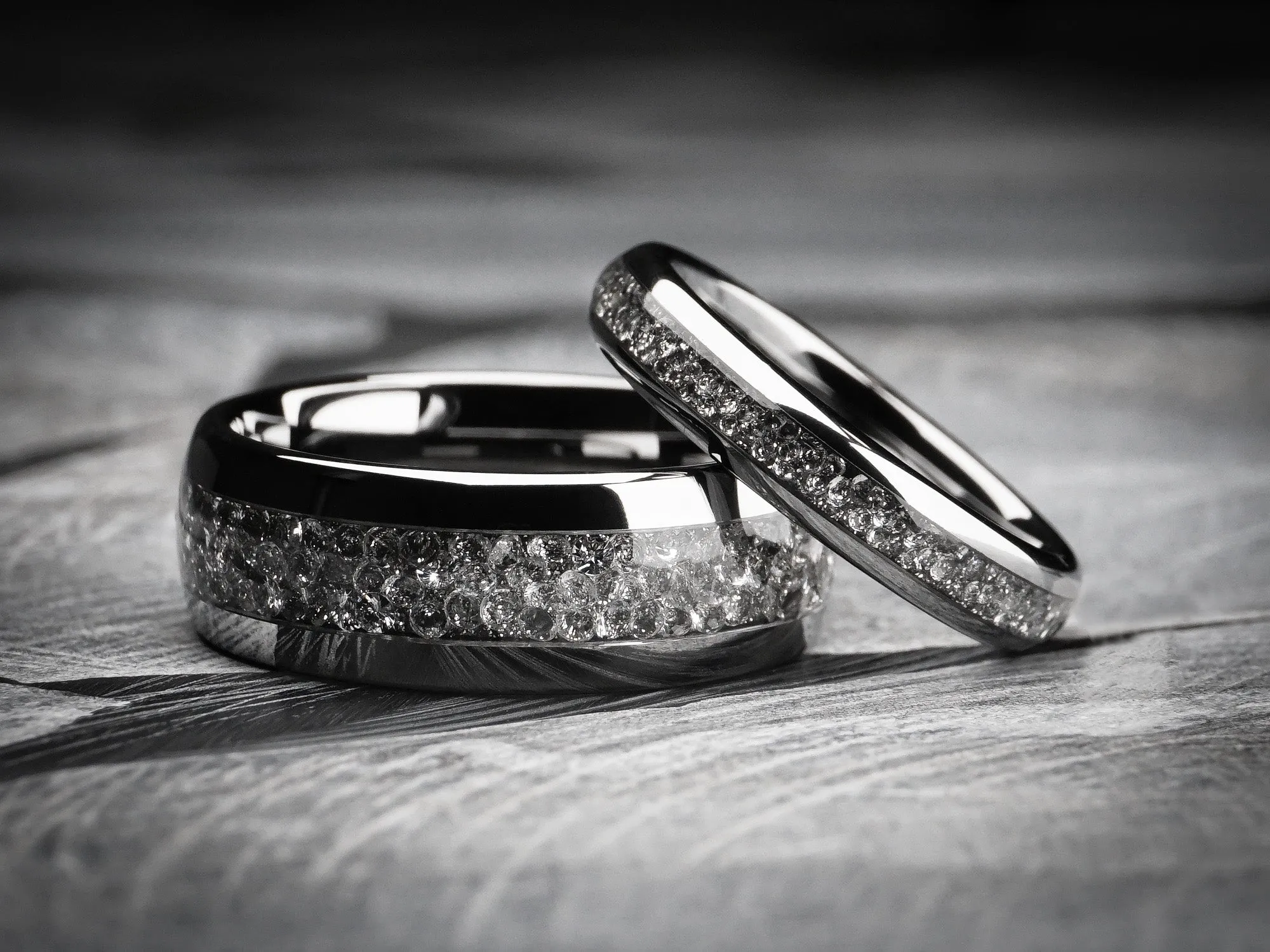 Matching Lab Grown Diamond Wedding bands, 8MM and 4MM Silver Ring Set