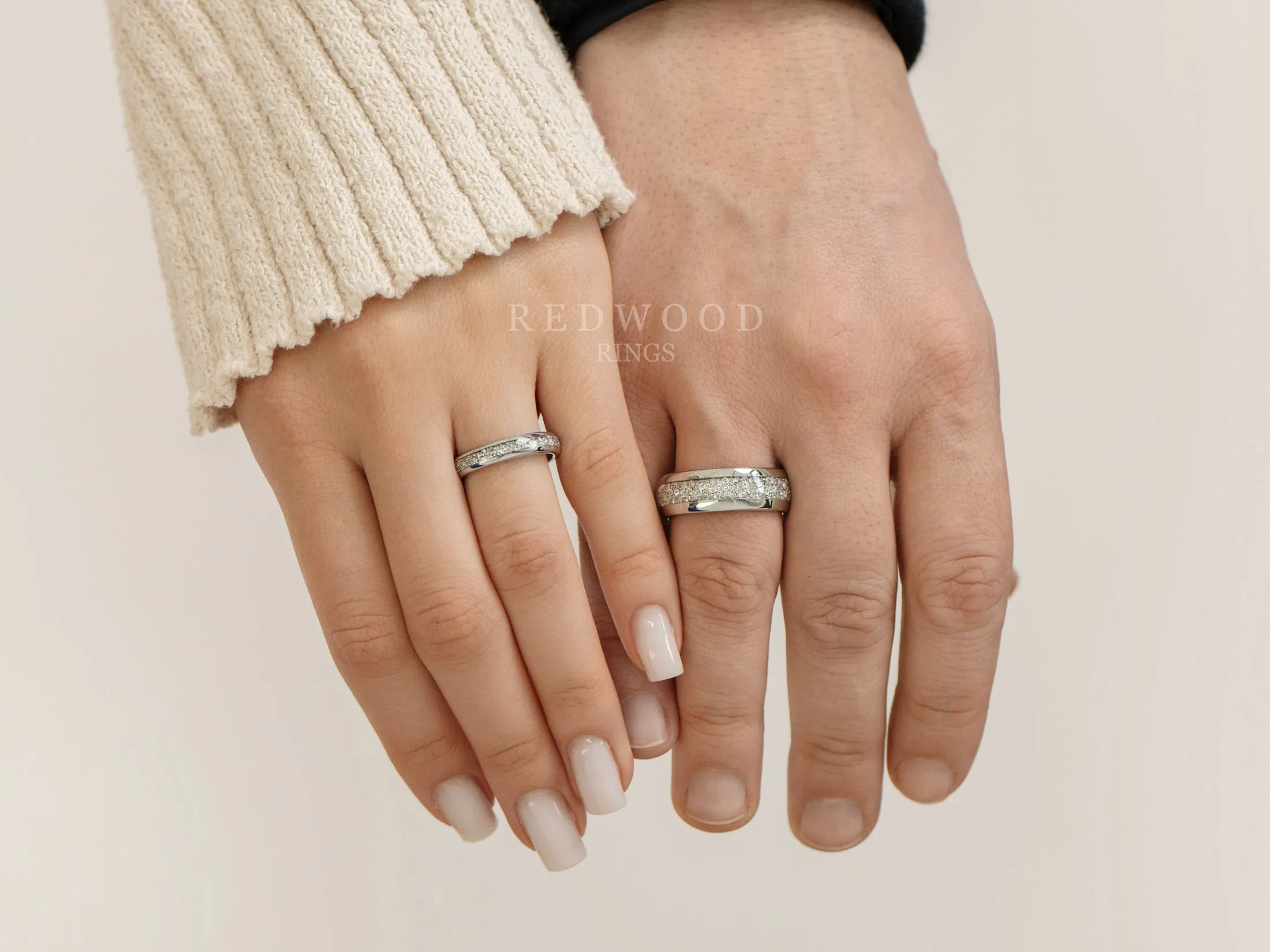 Matching Lab Grown Diamond Wedding bands, 8MM and 4MM Silver Ring Set