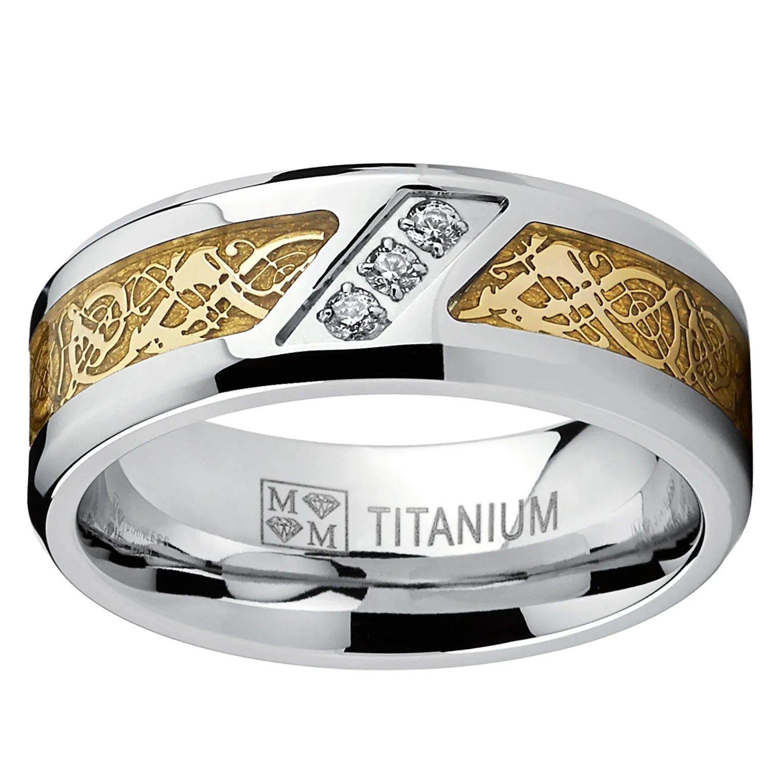 Men's Titanium Wedding Ring Engagement Band with Dragon Design and Cubic Zirconia, Comfort Fit