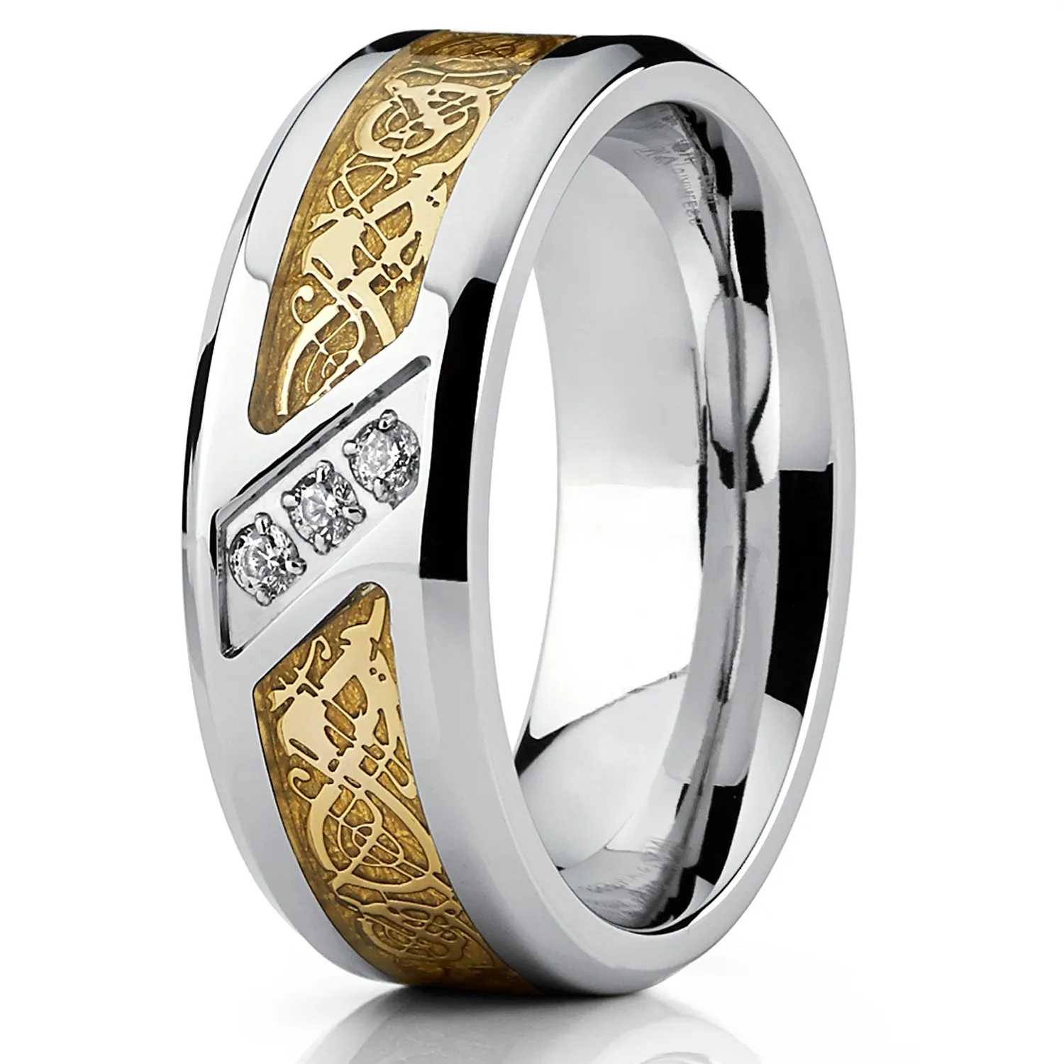 Men's Titanium Wedding Ring Engagement Band with Dragon Design and Cubic Zirconia, Comfort Fit