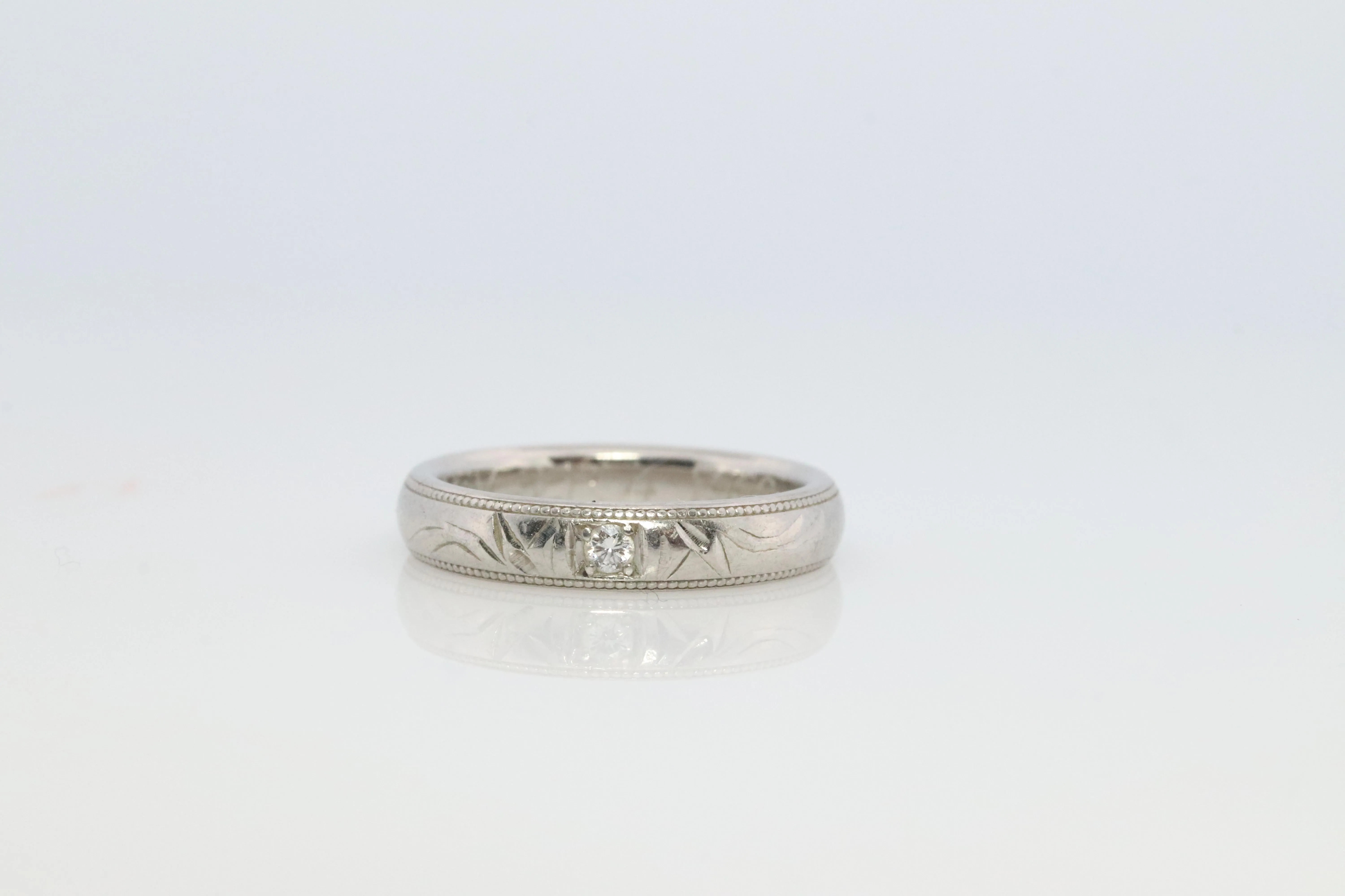 Mikimoto Milgrain Ring. Platinum Mikimoto Diamond Bezel Engraved PT950 Band