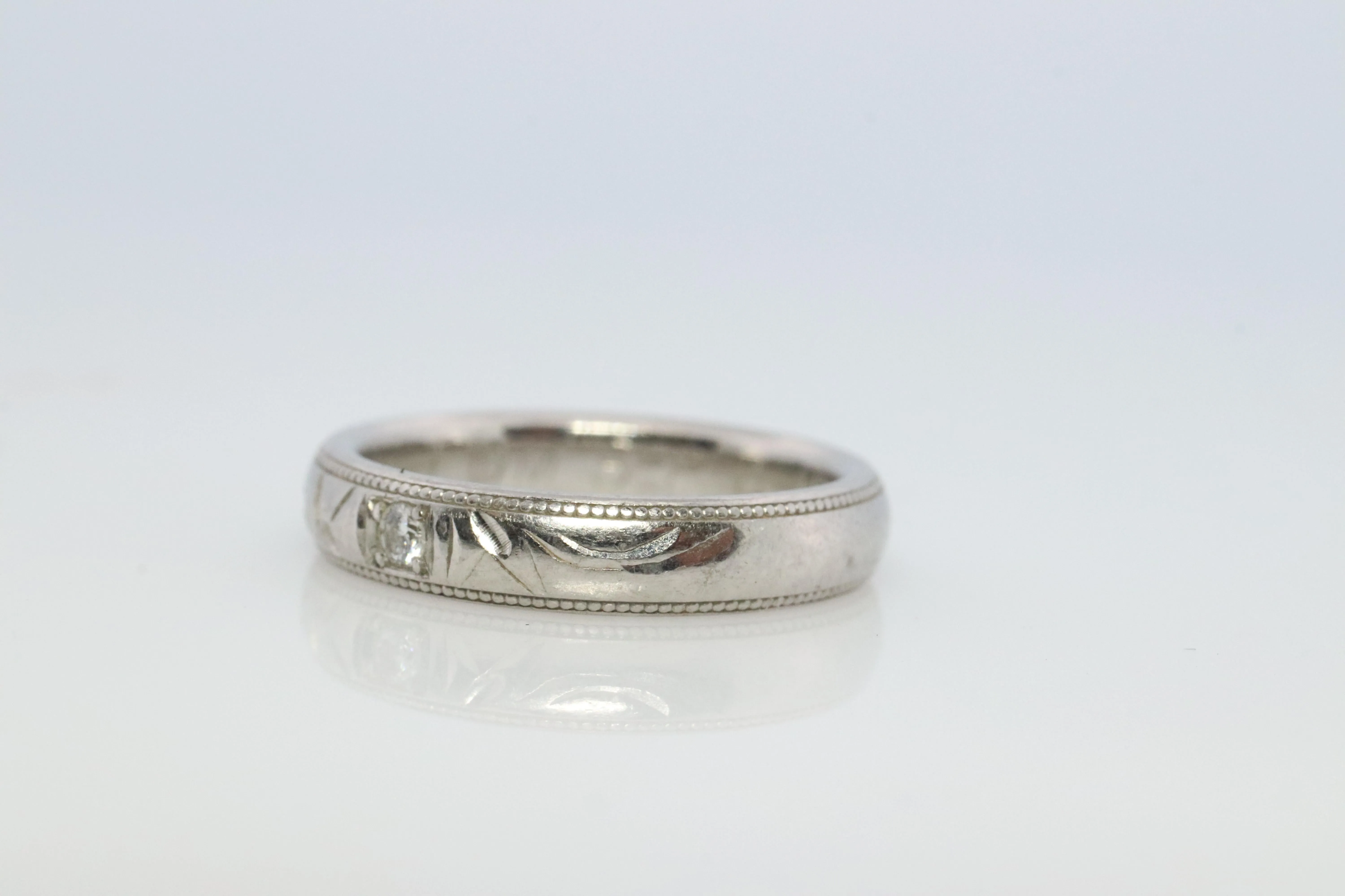 Mikimoto Milgrain Ring. Platinum Mikimoto Diamond Bezel Engraved PT950 Band