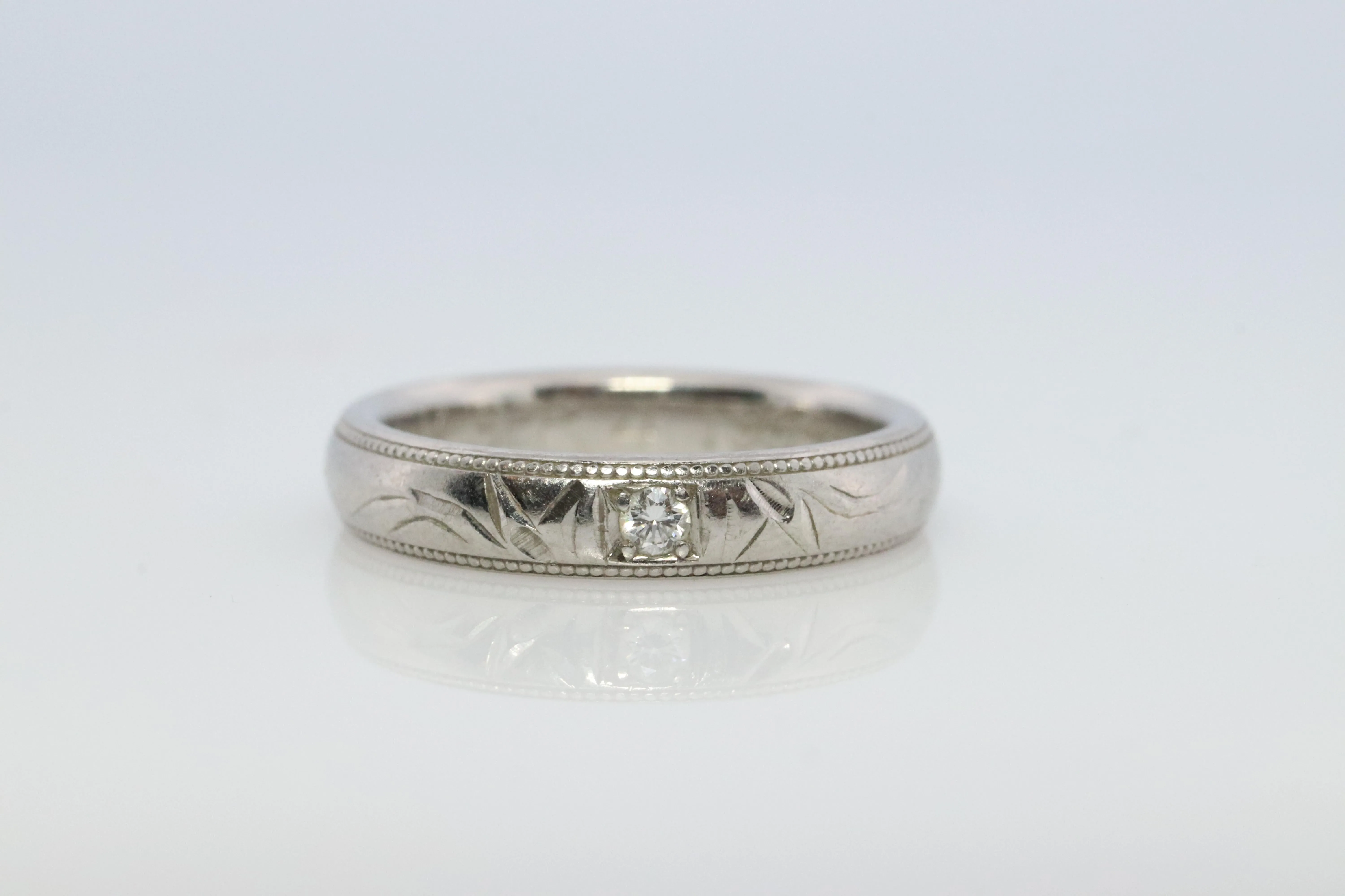 Mikimoto Milgrain Ring. Platinum Mikimoto Diamond Bezel Engraved PT950 Band