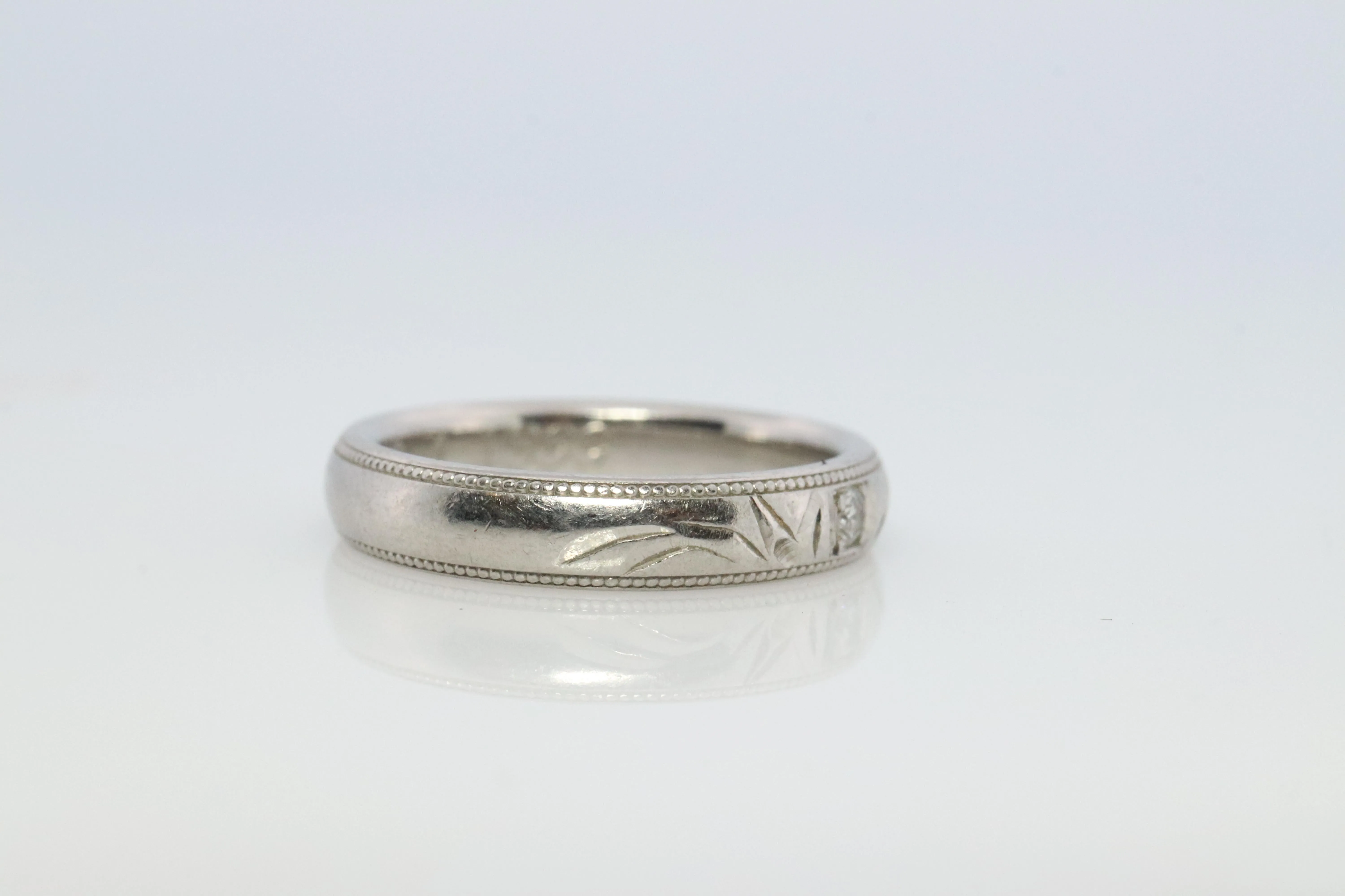 Mikimoto Milgrain Ring. Platinum Mikimoto Diamond Bezel Engraved PT950 Band