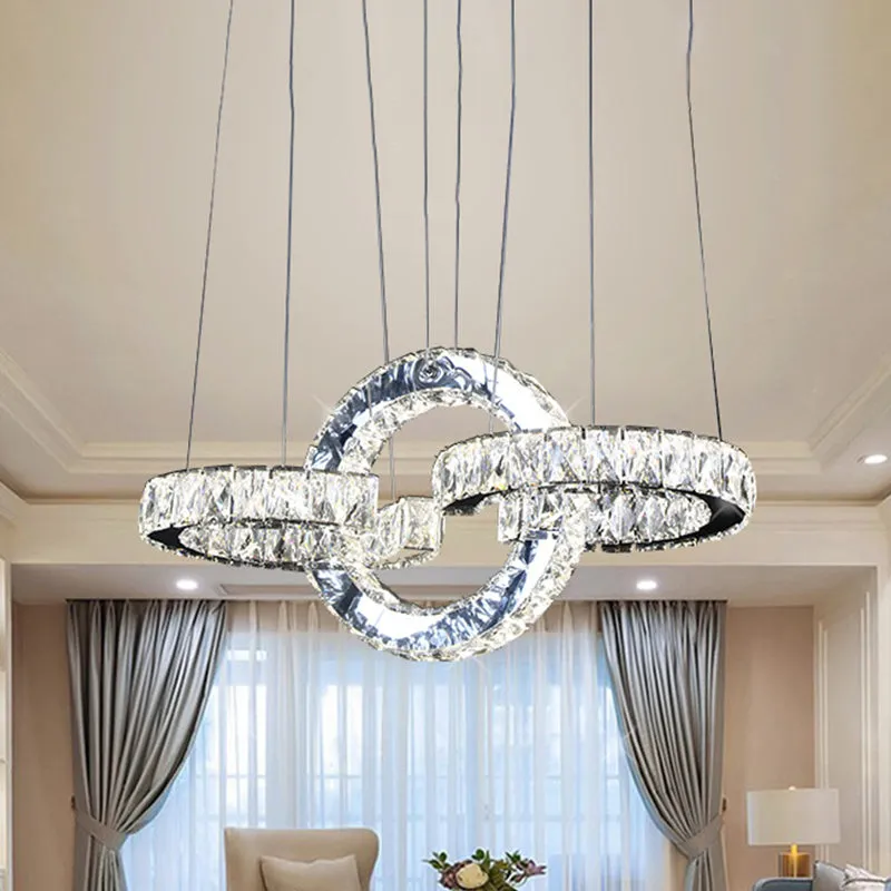 Modern Black Crystal LED Pendant Chandelier with Interlocking Rings for Dining Room