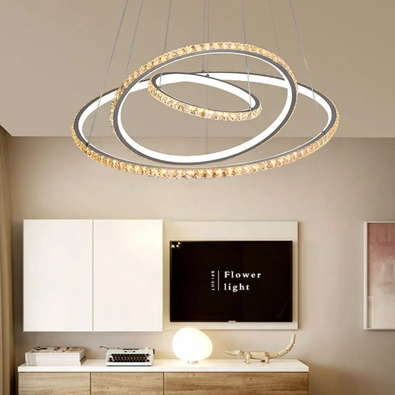 Modern Crystal Gold/Silver LED Chandelier Ceiling Light Fixture with 3 Rings - Warm/White Dual Lighting