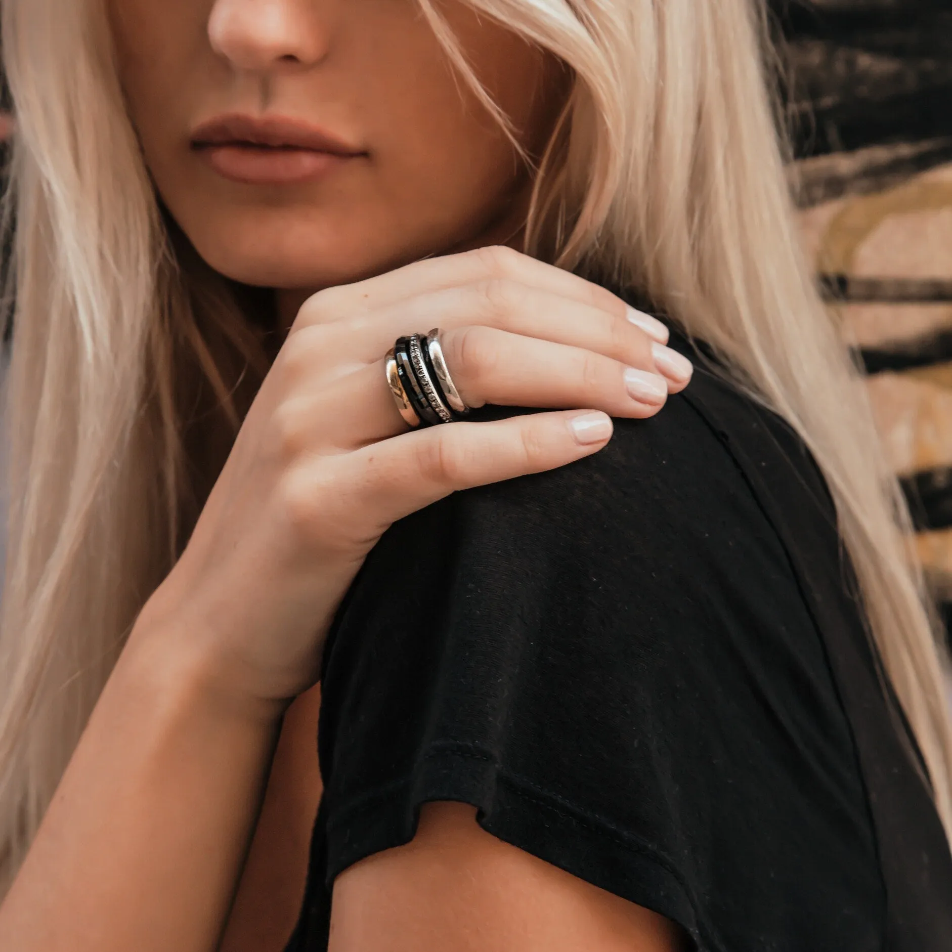 Modern Elegance: Wide Two-Tone Black Ceramic Meditation Ring
