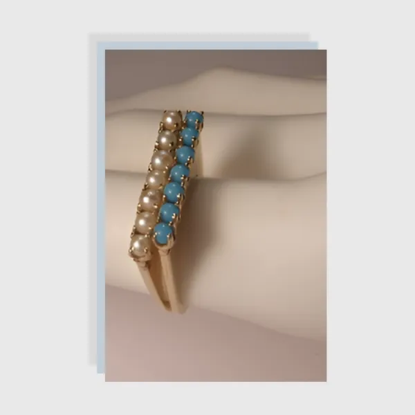 Modern Estate 14K Yellow Gold Turquoise Seed Pearl Dual Ring Band