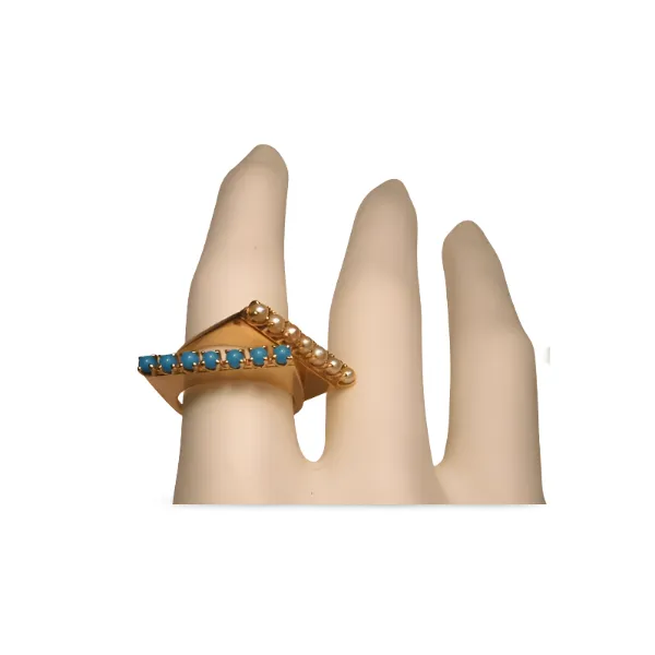 Modern Estate 14K Yellow Gold Turquoise Seed Pearl Dual Ring Band