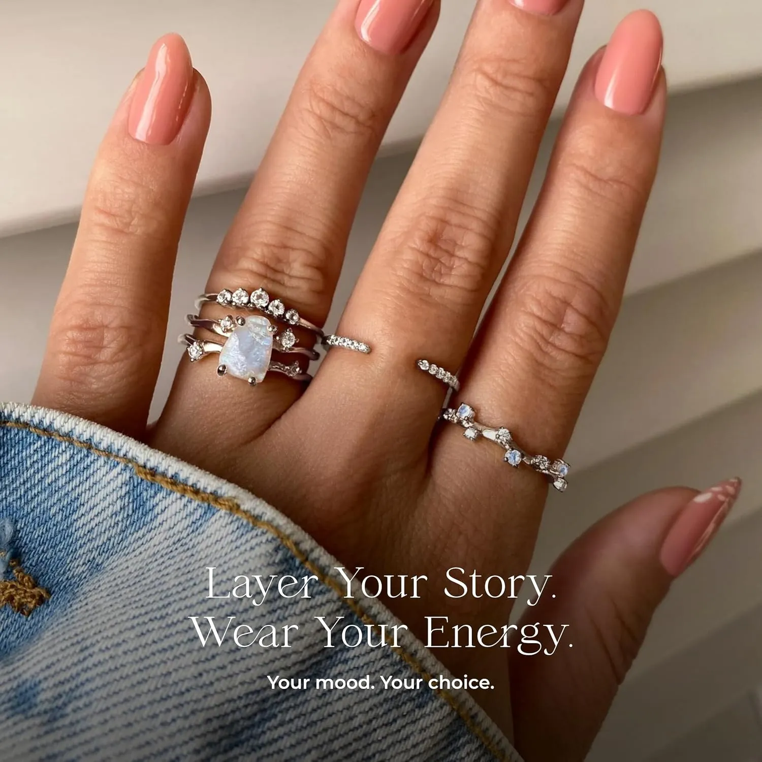 Moon Magic - Authentic Moonstone, Black Obsidian, Amethyst, Aquamarine Ring - Flow/Real 925 Sterling Silver - 18k Rose and Yellow Gold Raw Crystal Rings for Women/Genuine Gemstone Jewelry