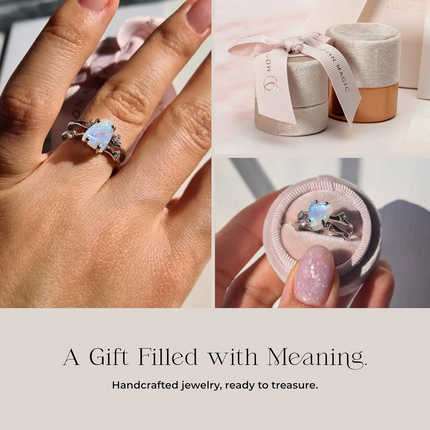 Moon Magic - Authentic Moonstone, Black Obsidian, Amethyst, Aquamarine Ring - Flow/Real 925 Sterling Silver - 18k Rose and Yellow Gold Raw Crystal Rings for Women/Genuine Gemstone Jewelry
