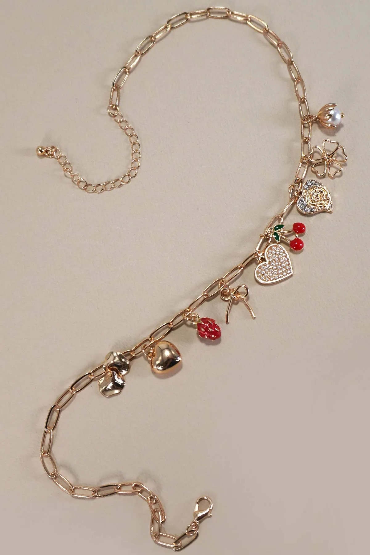 Multi Charm Bow Cherry Heart Necklace - Gold