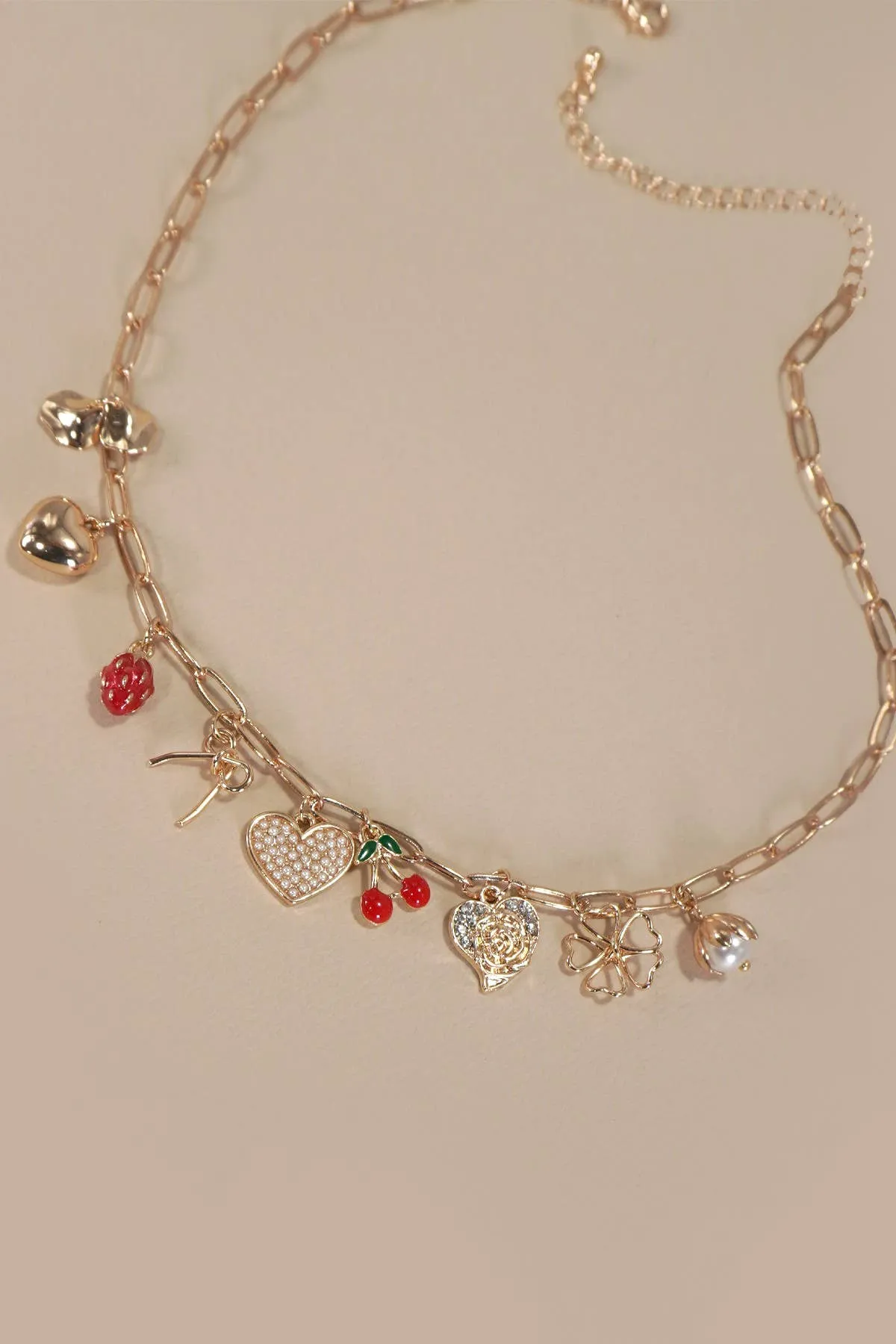 Multi Charm Bow Cherry Heart Necklace - Gold