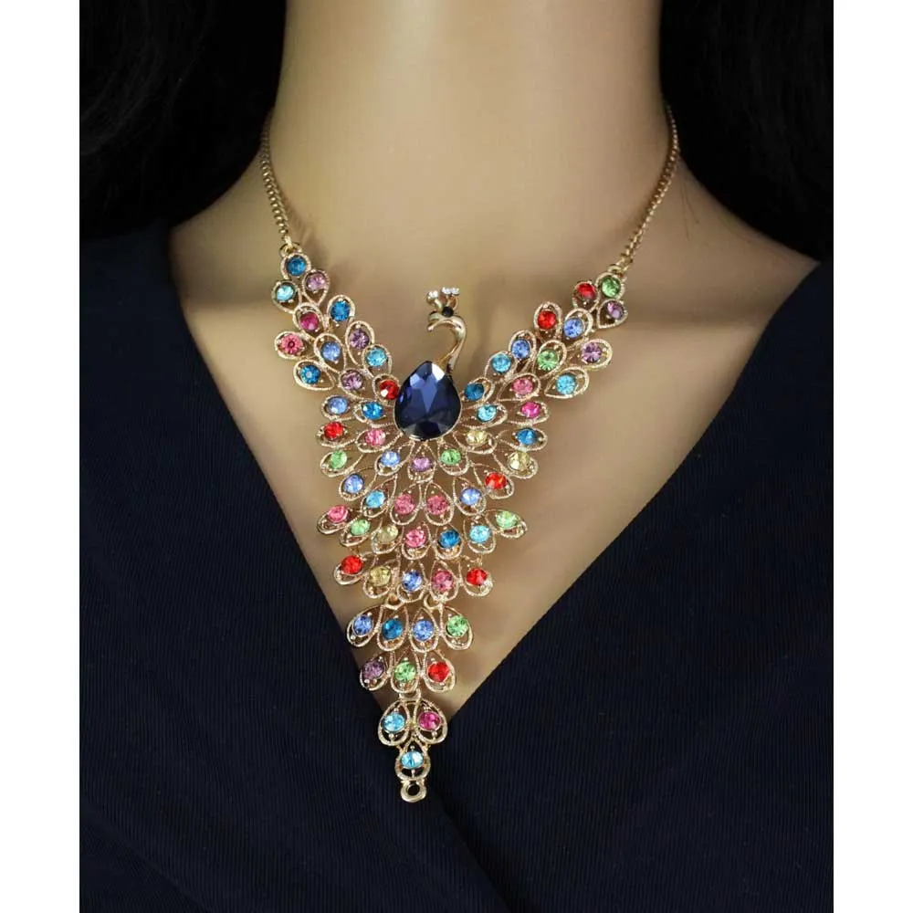 Multi-color Crystal Peacock with Large Blue Crystal Necklace - RSN512