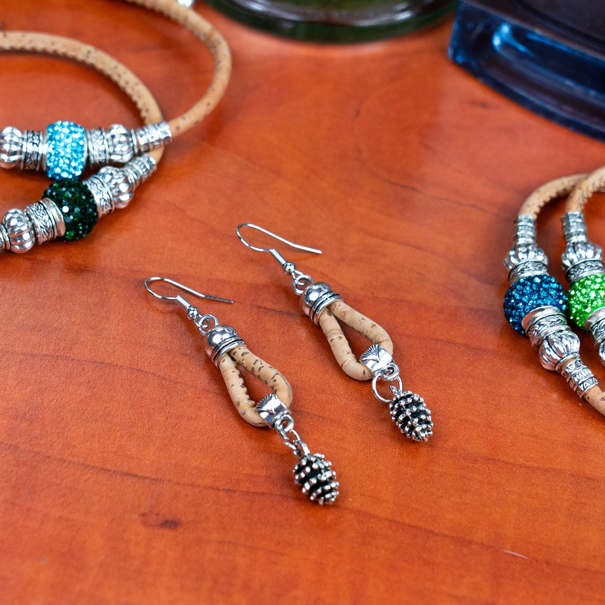 Natural Cork Cord and Small Pendants Handmade Earrings