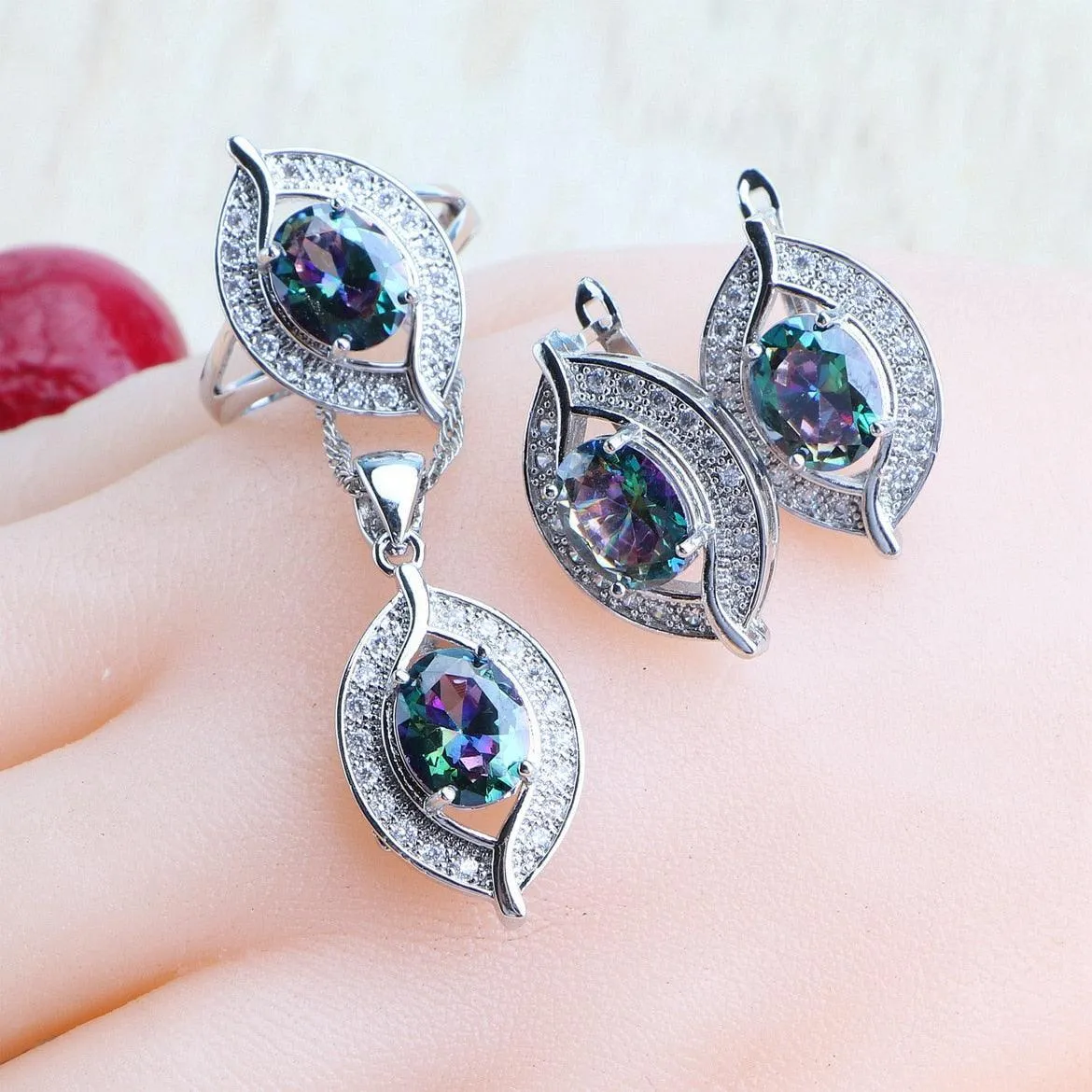 NEW Magic Rainbow Multicolour AAA Zirconia Crystals Pendant Necklace Earrings Bracelets Jewellery Set