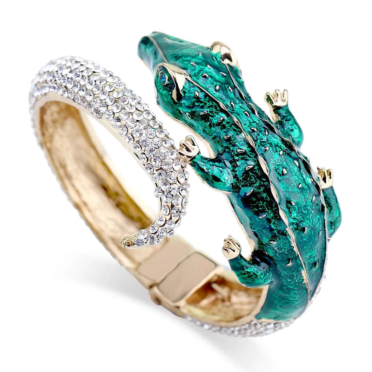 New Unique Design Antique Gold Plated Rhinestone Fashion Statement Crocodile Golden Bangle Cuff Bracelets for Women