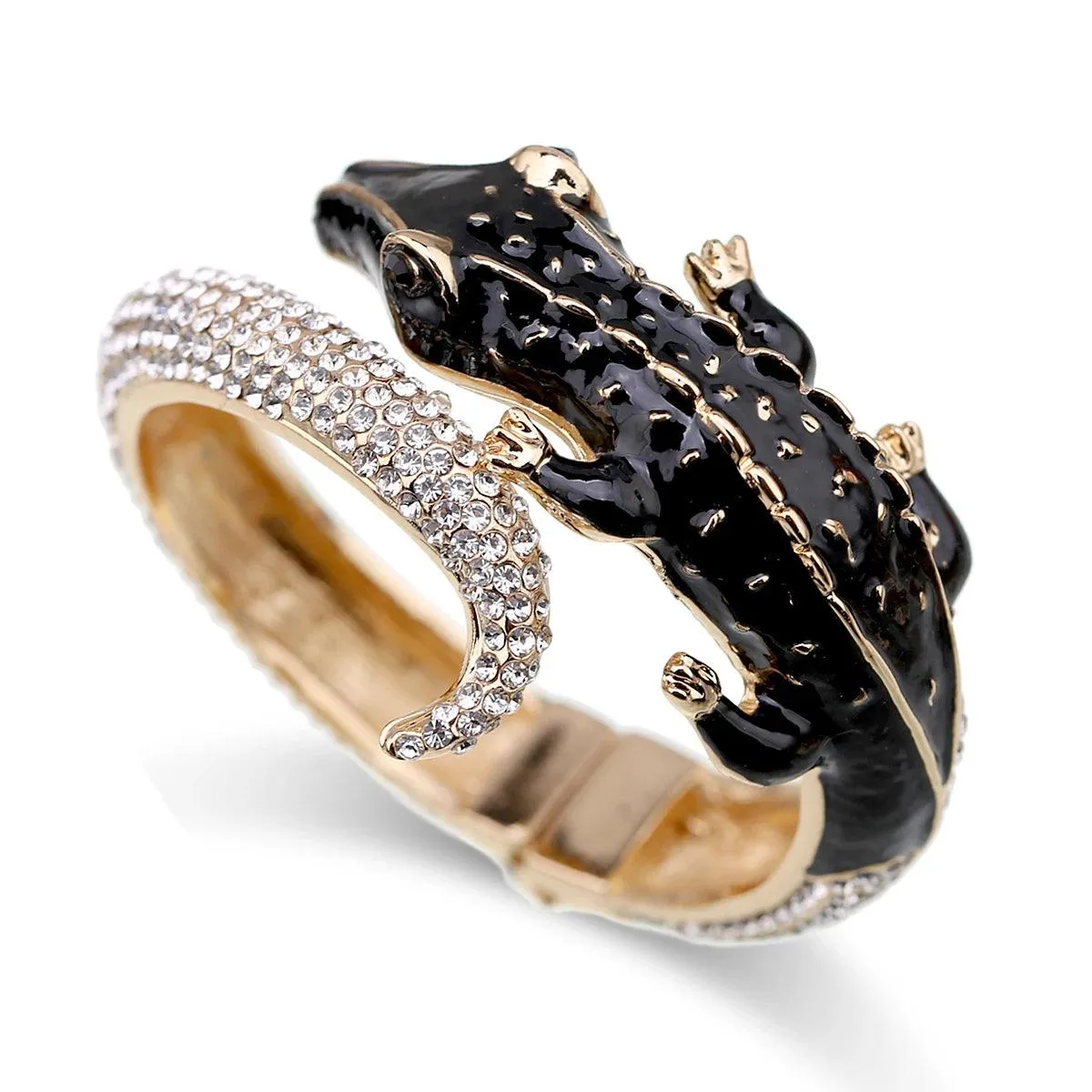 New Unique Design Antique Gold Plated Rhinestone Fashion Statement Crocodile Golden Bangle Cuff Bracelets for Women