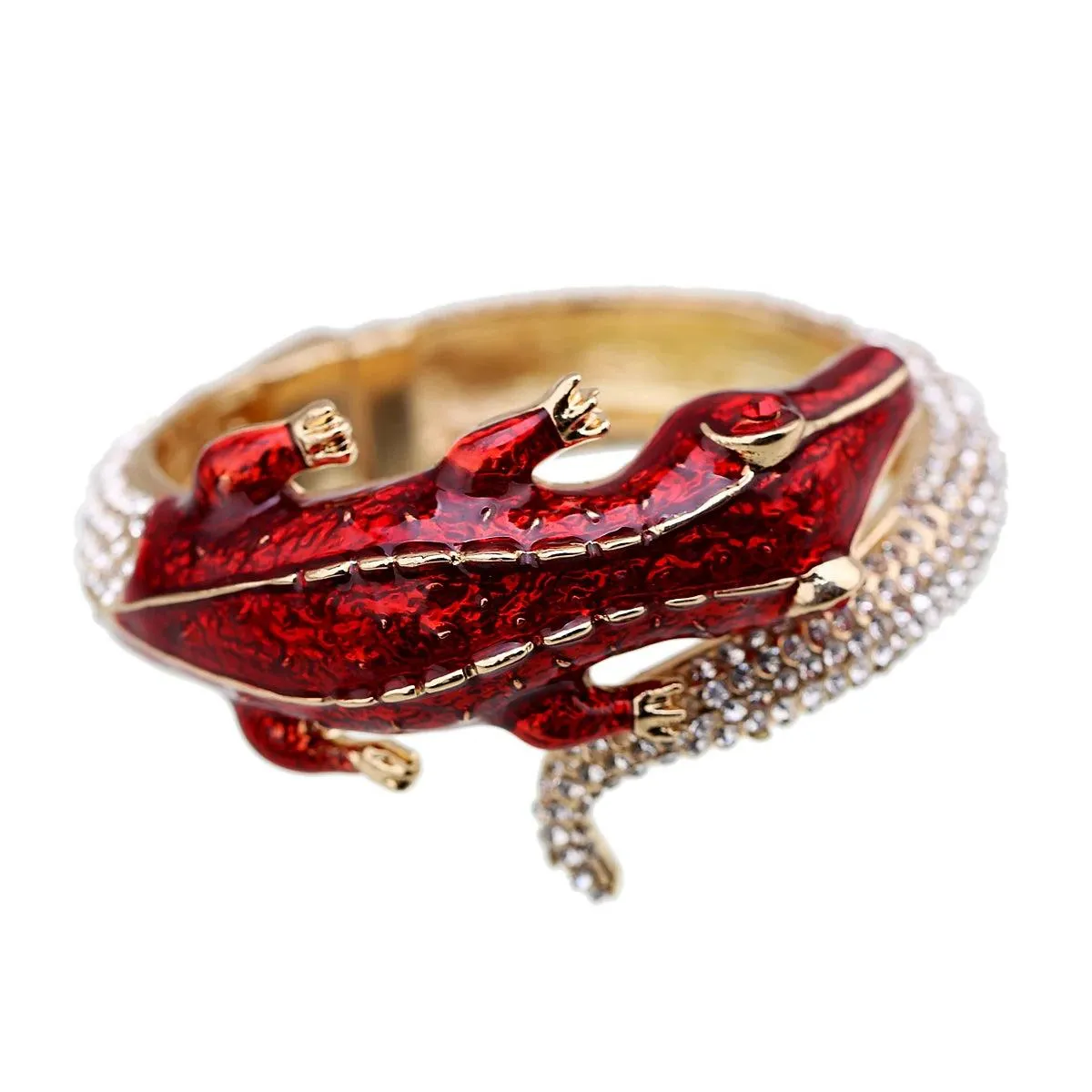 New Unique Design Antique Gold Plated Rhinestone Fashion Statement Crocodile Golden Bangle Cuff Bracelets for Women