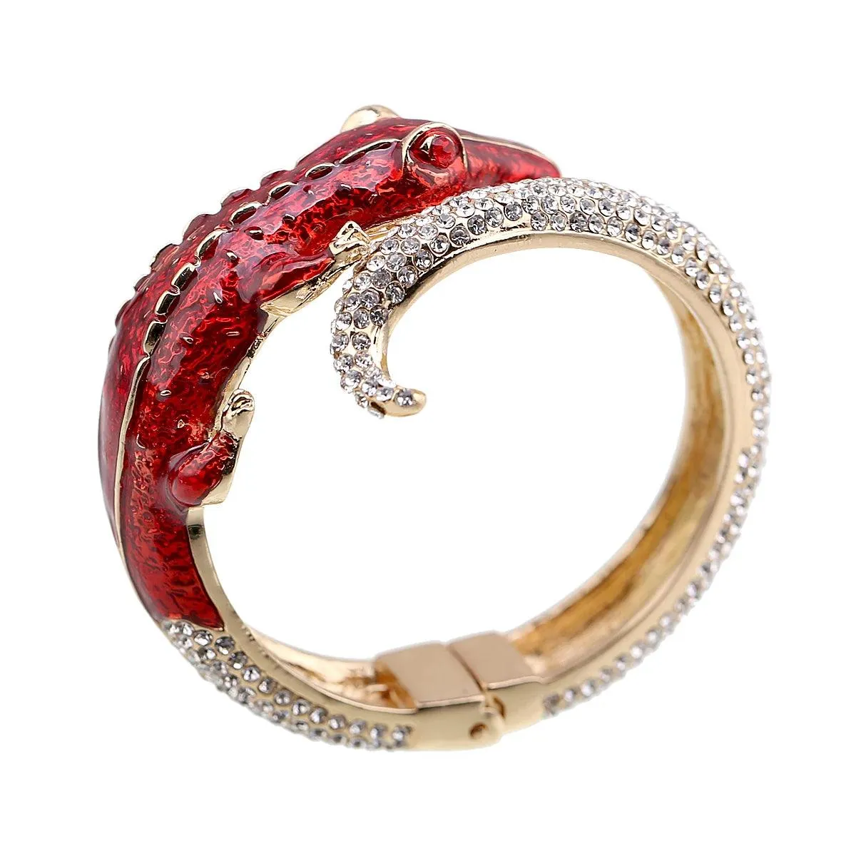 New Unique Design Antique Gold Plated Rhinestone Fashion Statement Crocodile Golden Bangle Cuff Bracelets for Women