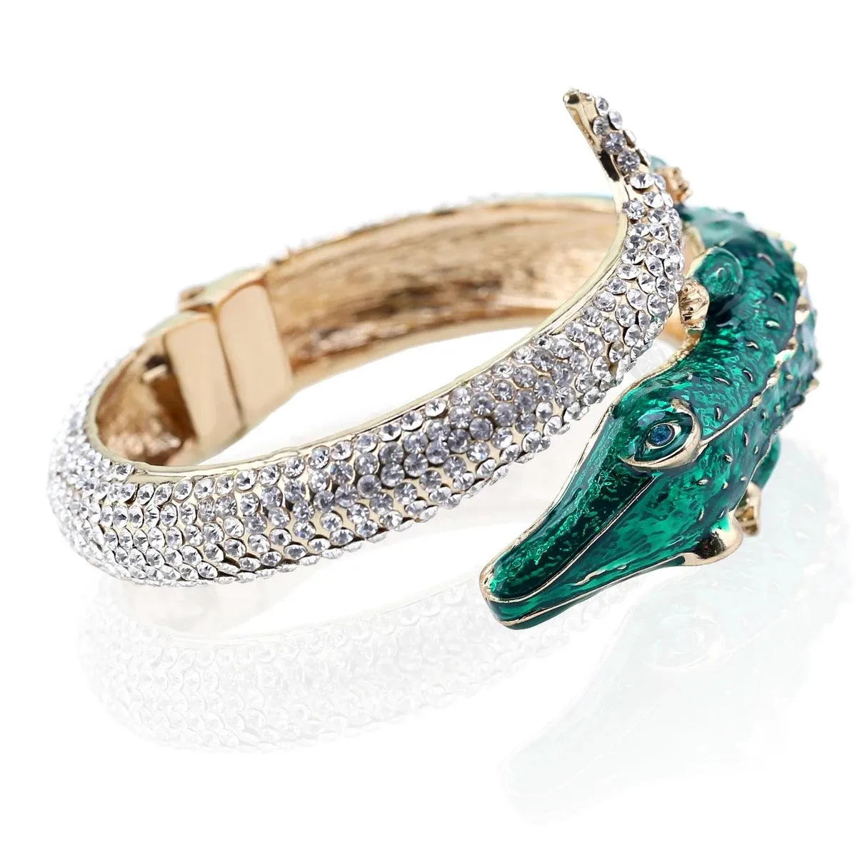 New Unique Design Antique Gold Plated Rhinestone Fashion Statement Crocodile Golden Bangle Cuff Bracelets for Women