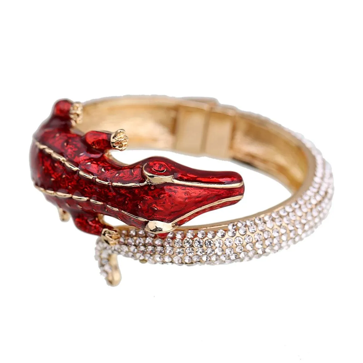 New Unique Design Antique Gold Plated Rhinestone Fashion Statement Crocodile Golden Bangle Cuff Bracelets for Women