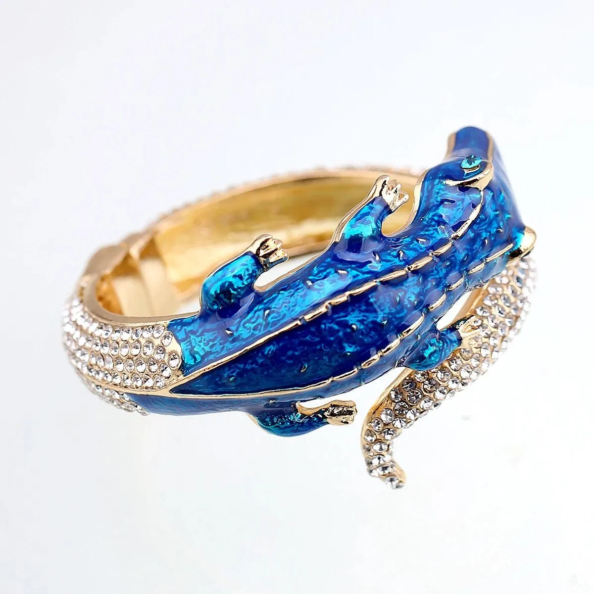 New Unique Design Antique Gold Plated Rhinestone Fashion Statement Crocodile Golden Bangle Cuff Bracelets for Women