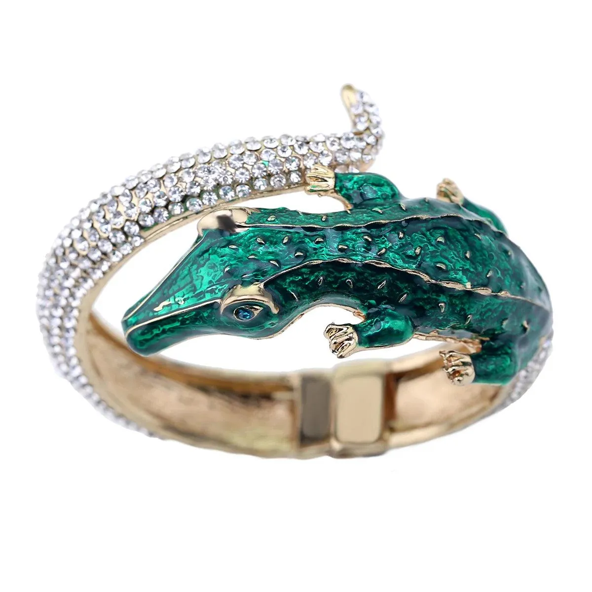 New Unique Design Antique Gold Plated Rhinestone Fashion Statement Crocodile Golden Bangle Cuff Bracelets for Women