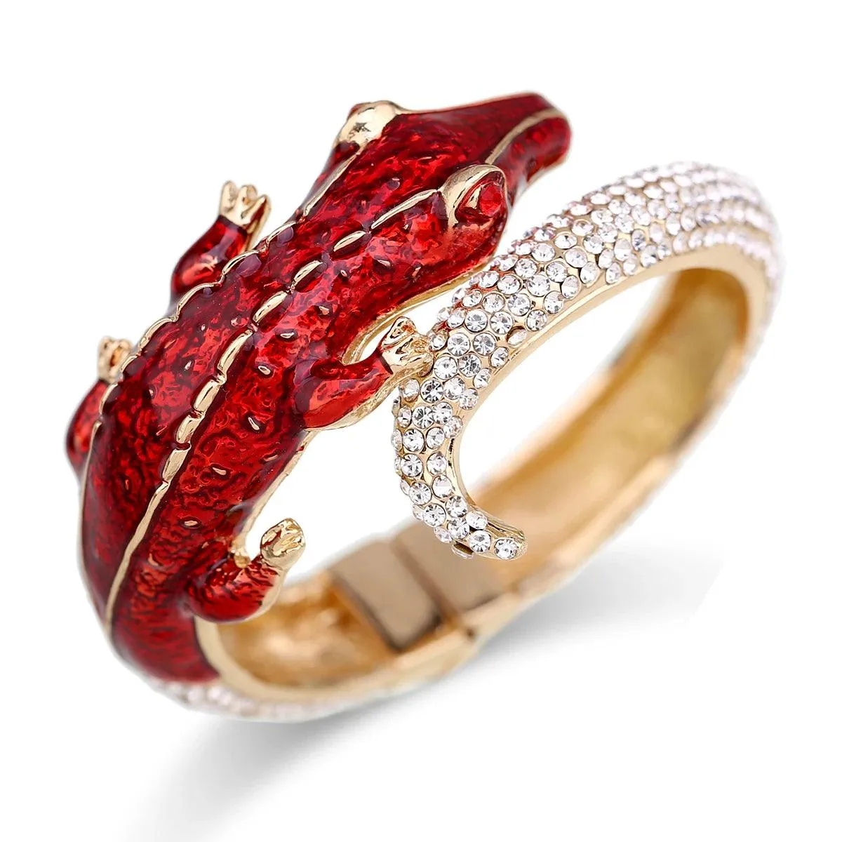 New Unique Design Antique Gold Plated Rhinestone Fashion Statement Crocodile Golden Bangle Cuff Bracelets for Women