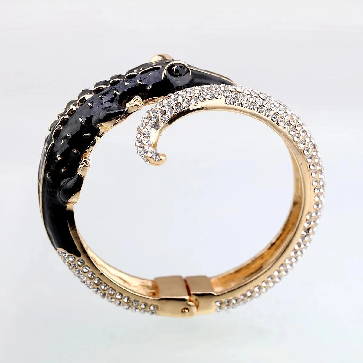 New Unique Design Antique Gold Plated Rhinestone Fashion Statement Crocodile Golden Bangle Cuff Bracelets for Women