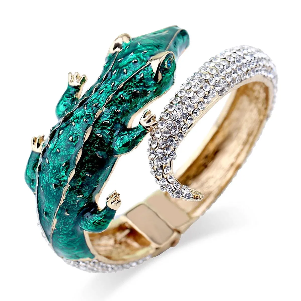 New Unique Design Antique Gold Plated Rhinestone Fashion Statement Crocodile Golden Bangle Cuff Bracelets for Women