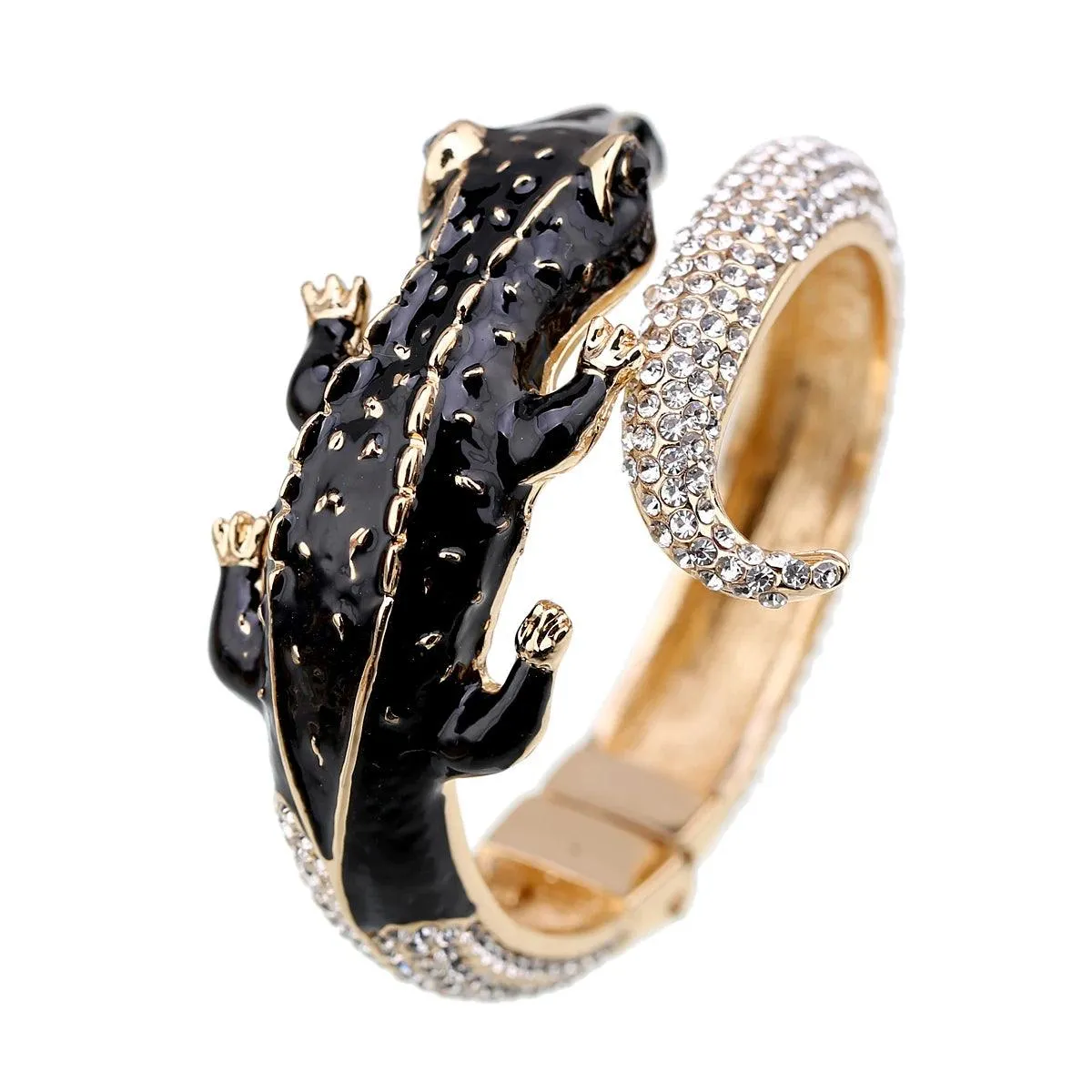 New Unique Design Antique Gold Plated Rhinestone Fashion Statement Crocodile Golden Bangle Cuff Bracelets for Women