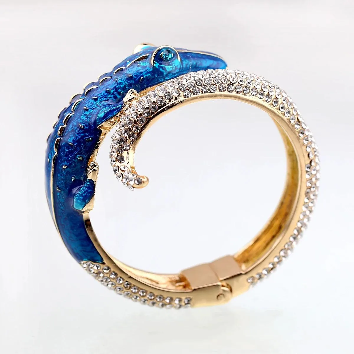 New Unique Design Antique Gold Plated Rhinestone Fashion Statement Crocodile Golden Bangle Cuff Bracelets for Women