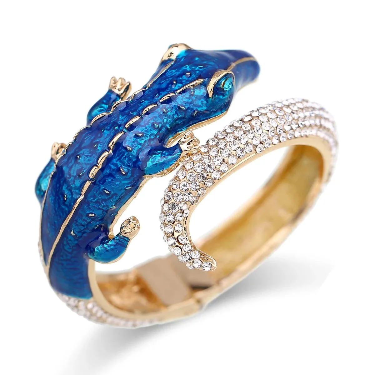 New Unique Design Antique Gold Plated Rhinestone Fashion Statement Crocodile Golden Bangle Cuff Bracelets for Women