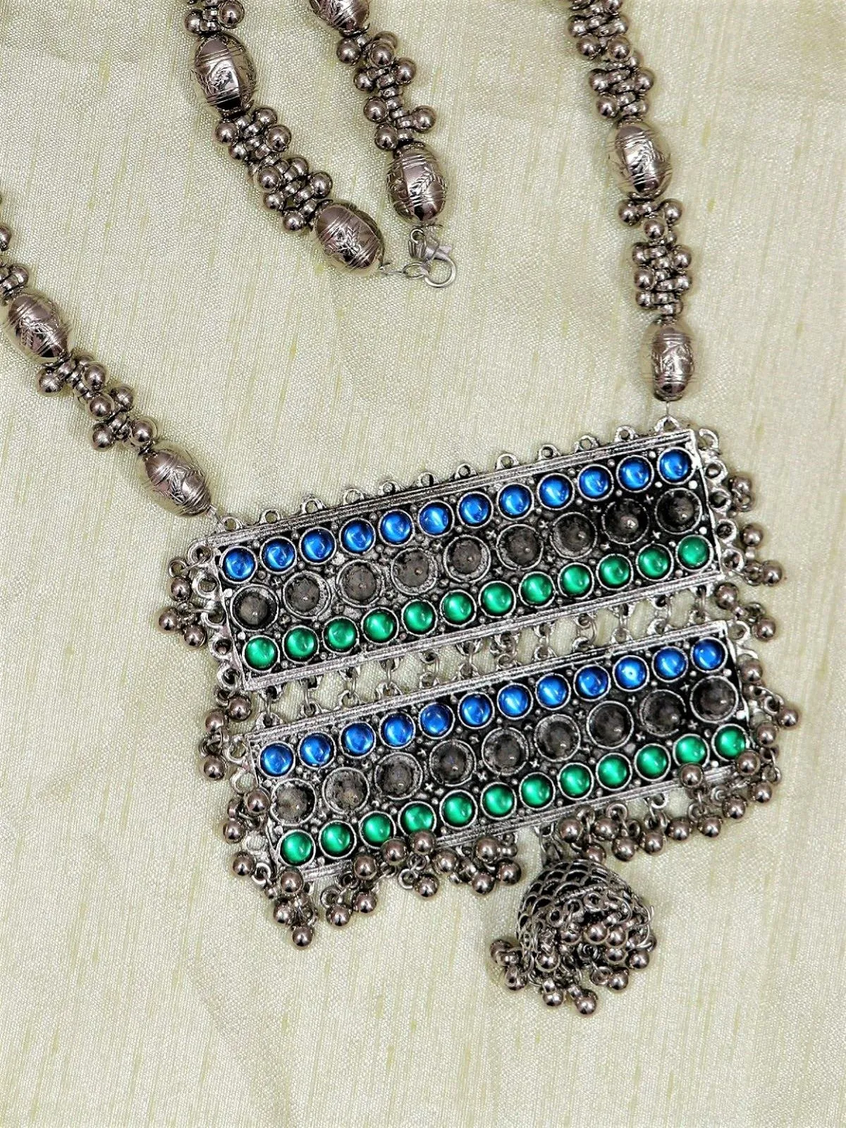 Oxidized German Silver Chain Necklace in Vibrant Blue & Green Colors