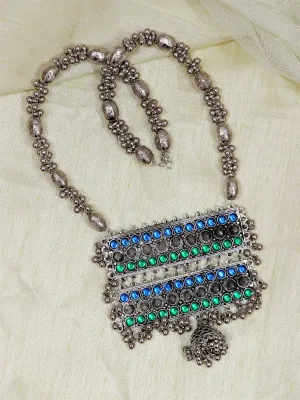 Oxidized German Silver Chain Necklace in Vibrant Blue & Green Colors
