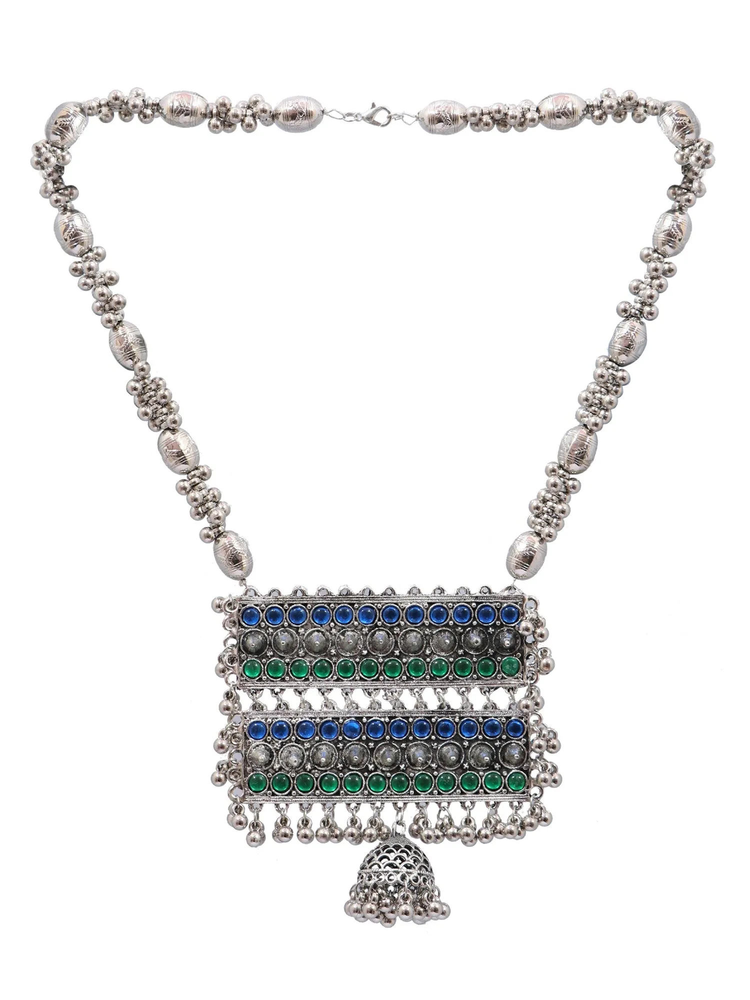 Oxidized German Silver Chain Necklace in Vibrant Blue & Green Colors