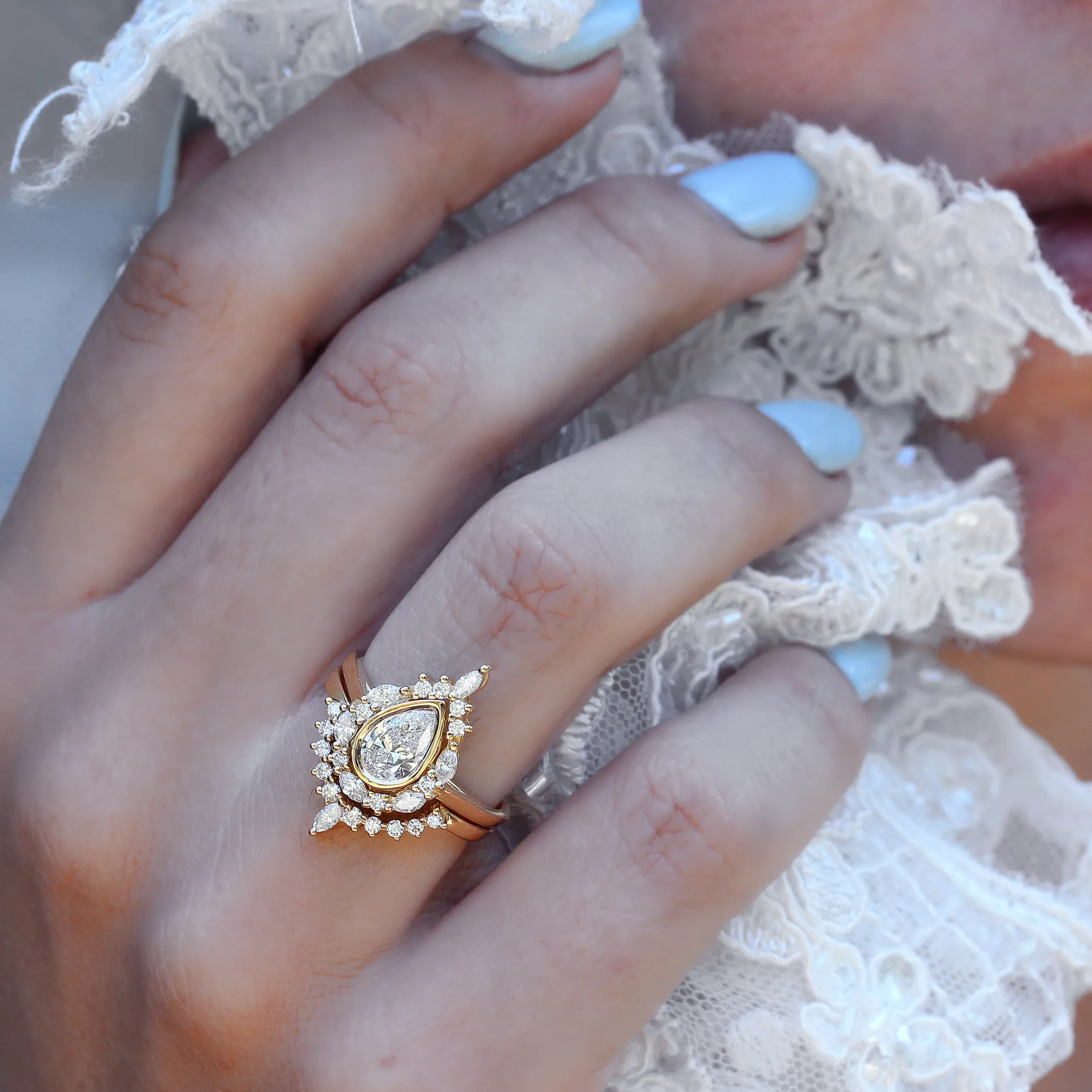 Pear Diamond Unique Engagement Ring Set - "Eva" ♥