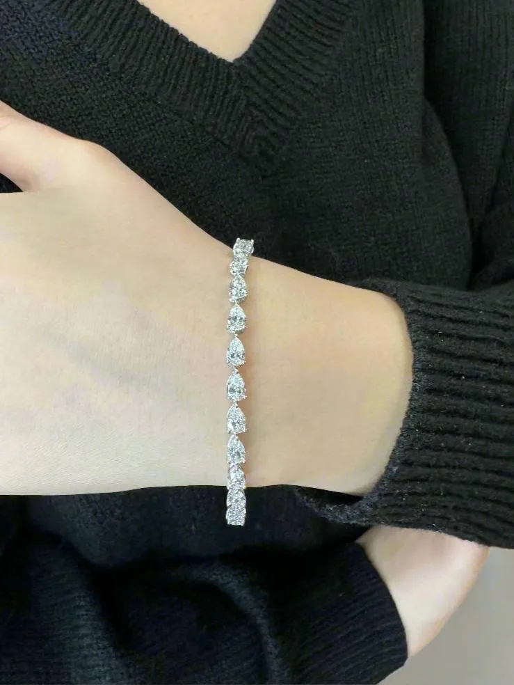 Pear Shape East To West Natural Diamond Tennis Bracelet 14K Solid Gold