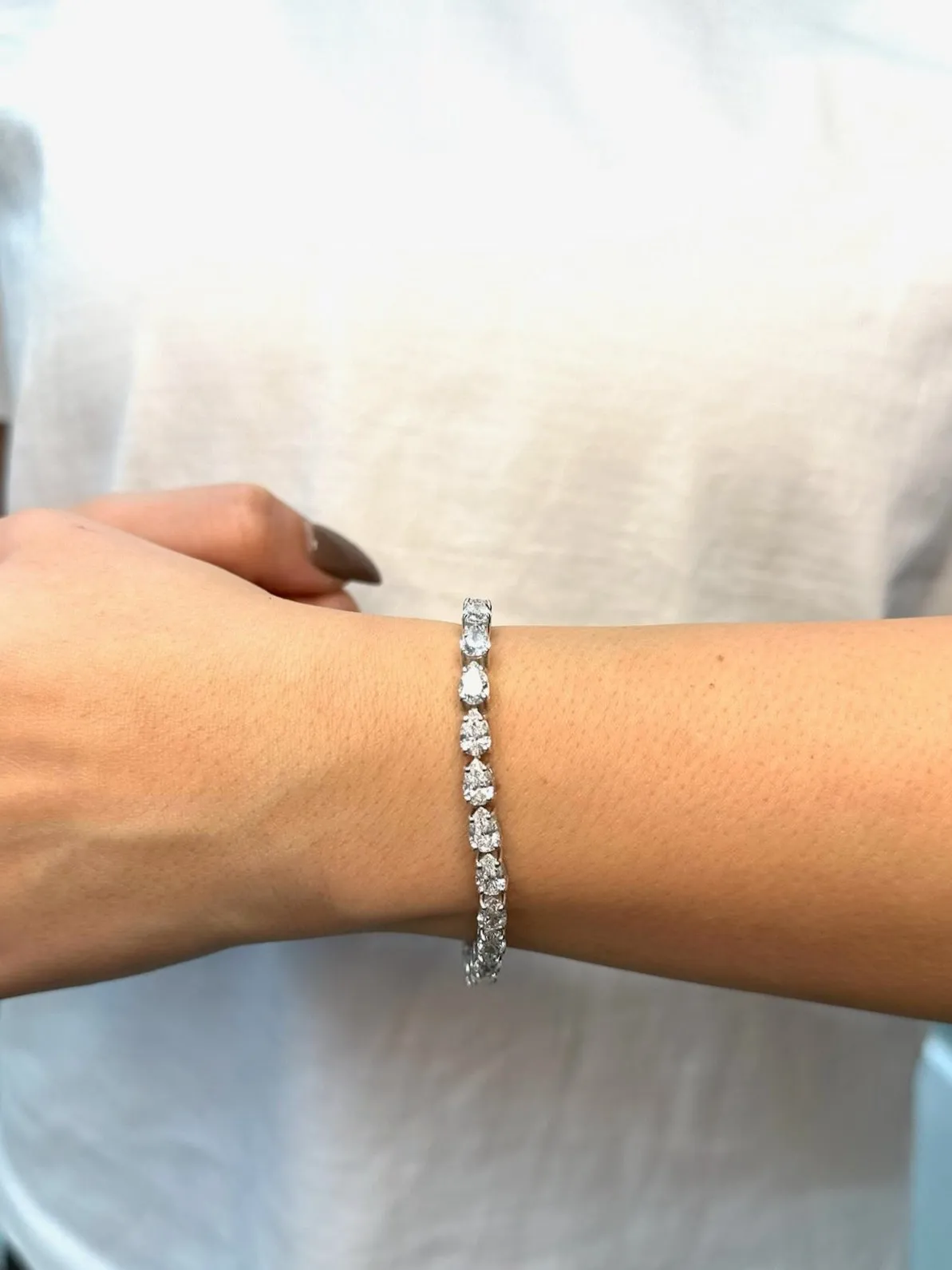 Pear Shape East To West Natural Diamond Tennis Bracelet 14K Solid Gold