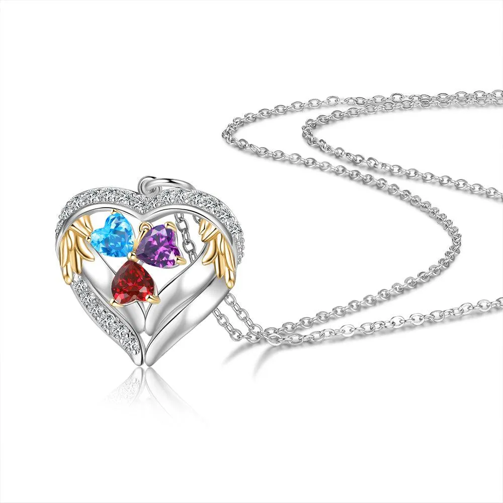 Personalized Sterling Clover Three Hearts Necklace - 3 Custom Names 3 Birthstones