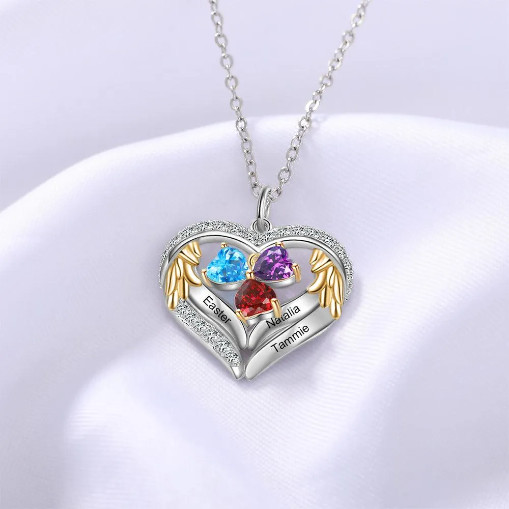 Personalized Sterling Clover Three Hearts Necklace - 3 Custom Names 3 Birthstones