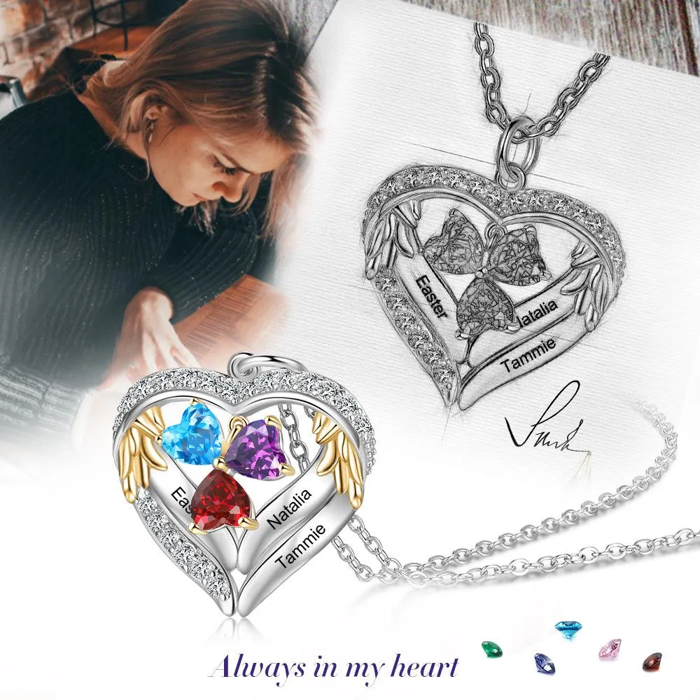 Personalized Sterling Clover Three Hearts Necklace - 3 Custom Names 3 Birthstones